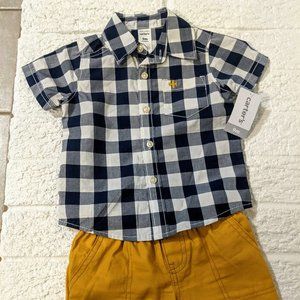 NWT Carter's Short Sleeve Plaid checked button down shirt and shorts set 9 month
